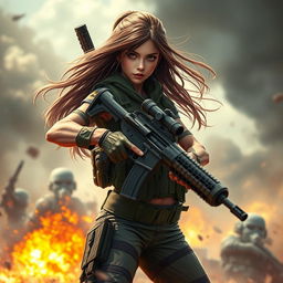 A beautiful girl in combat gear fiercely engaged in battle