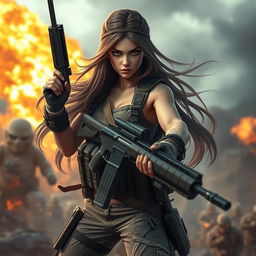 A beautiful girl in combat gear fiercely engaged in battle