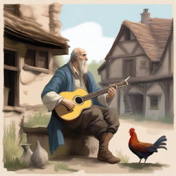 A high-quality, detailed illustration depicts a vagrant bard in a medieval village