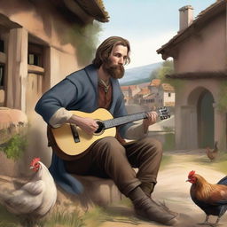 A high-quality, detailed illustration depicts a vagrant bard in a medieval village