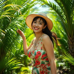 A beautiful Japanese woman with large breasts, dressed in tropical palm oil plantation attire, playfully teasing and engaging with her surroundings among lush palm trees