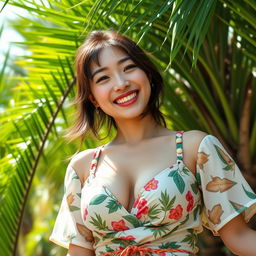 A beautiful Japanese woman with large breasts, dressed in tropical palm oil plantation attire, playfully teasing and engaging with her surroundings among lush palm trees