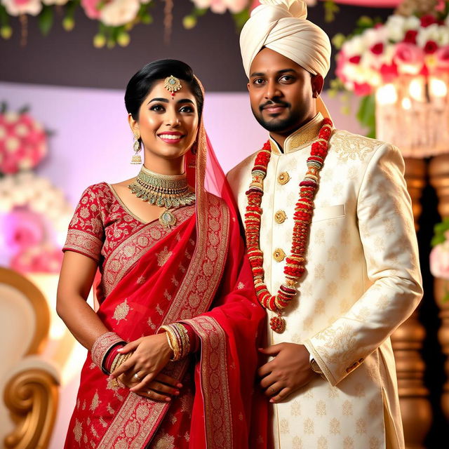 A stunning Indian bride with short hair and a bald groom, both radiating elegance and joy