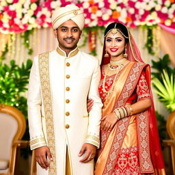 A stunning Indian bride with short hair and a bald groom, both radiating elegance and joy