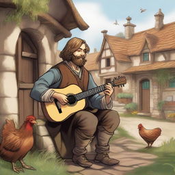 An intricate, high-quality illustration showcases a vagrant bard with brown hair and a pale beard in a medieval village