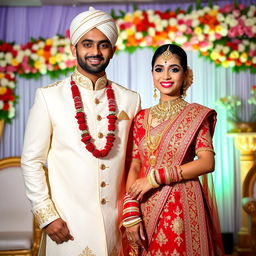 A stunning Indian bride with short hair and a bald groom, both radiating elegance and joy
