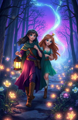The enchanting scene of Miranda and Aurora embarking on a mysterious journey through a mystical forest