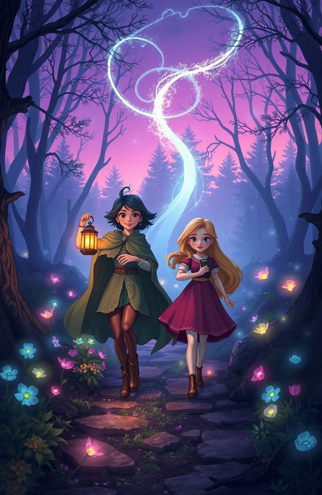 The enchanting scene of Miranda and Aurora embarking on a mysterious journey through a mystical forest