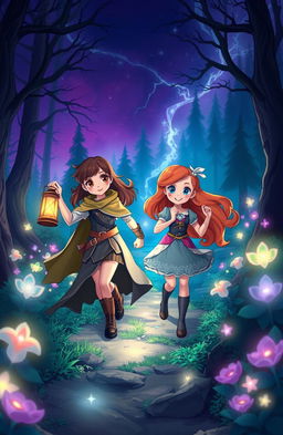 The enchanting scene of Miranda and Aurora embarking on a mysterious journey through a mystical forest
