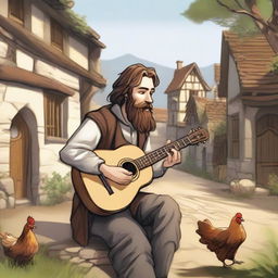 An intricate, high-quality illustration showcases a vagrant bard with brown hair and a pale beard in a medieval village