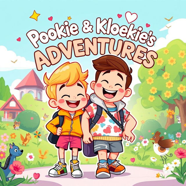 An engaging and colorful illustration of two friends, Pookie and Kloekie, embarking on exciting adventures together