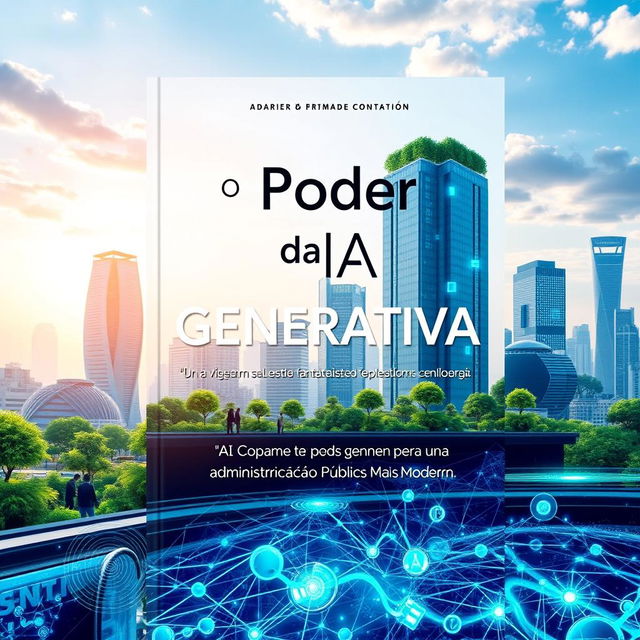 A stunning book cover design for 'O Poder da IA Generativa: Uma viagem por esta fantástica tecnologia e como ela pode contribuir para uma Administração Pública Mais Moderna'