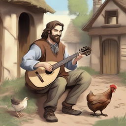 An intricate, high-quality illustration showcases a vagrant bard with brown hair and a pale beard in a medieval village