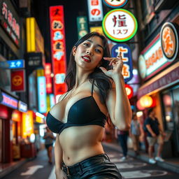 A beautiful Japanese woman with large breasts, dressed in stylish yet alluring attire, playfully teasing and engaging with her surroundings in an urban nightlife setting