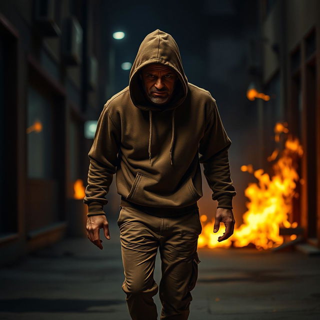 A poignant scene depicting a drunk sad man struggling to walk, wearing a brown hoodie and matching brown pants