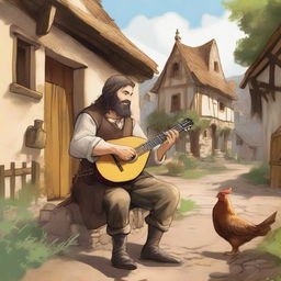 An intricate, high-quality illustration showcases a vagrant bard with brown hair and a pale beard in a medieval village