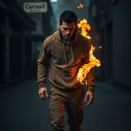 A poignant scene depicting a drunk sad man struggling to walk, wearing a brown hoodie and matching brown pants