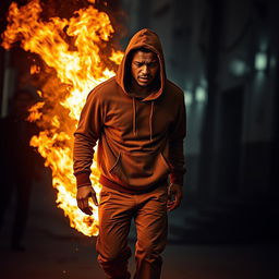 A poignant scene depicting a drunk sad man struggling to walk, wearing a brown hoodie and matching brown pants