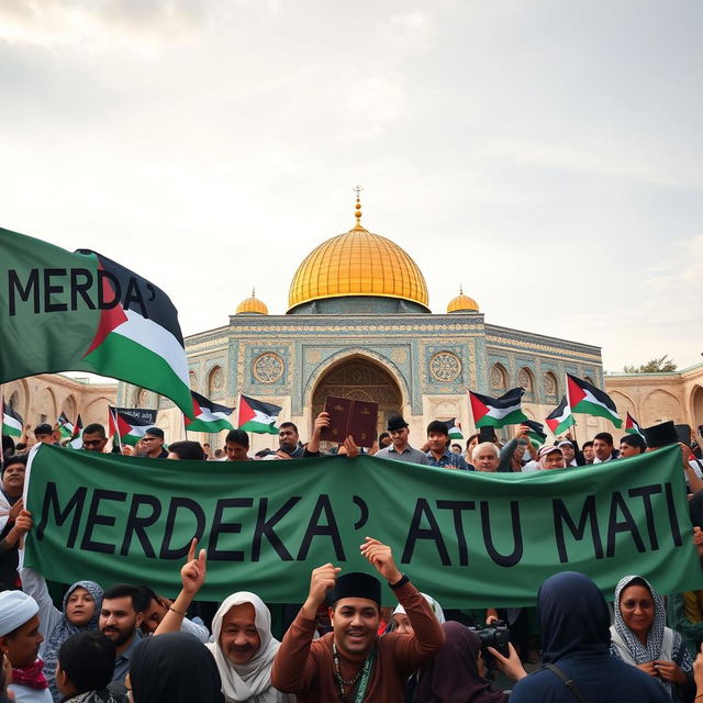 A vibrant scene depicting a gathering of the Palestinian people at Masjid al-Aqsa, holding the Holy Quran, displaying unity and resilience