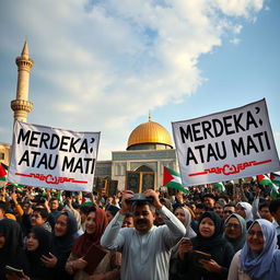 A vibrant scene depicting a gathering of the Palestinian people at Masjid al-Aqsa, holding the Holy Quran, displaying unity and resilience