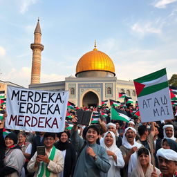A vibrant scene depicting a gathering of the Palestinian people at Masjid al-Aqsa, holding the Holy Quran, displaying unity and resilience