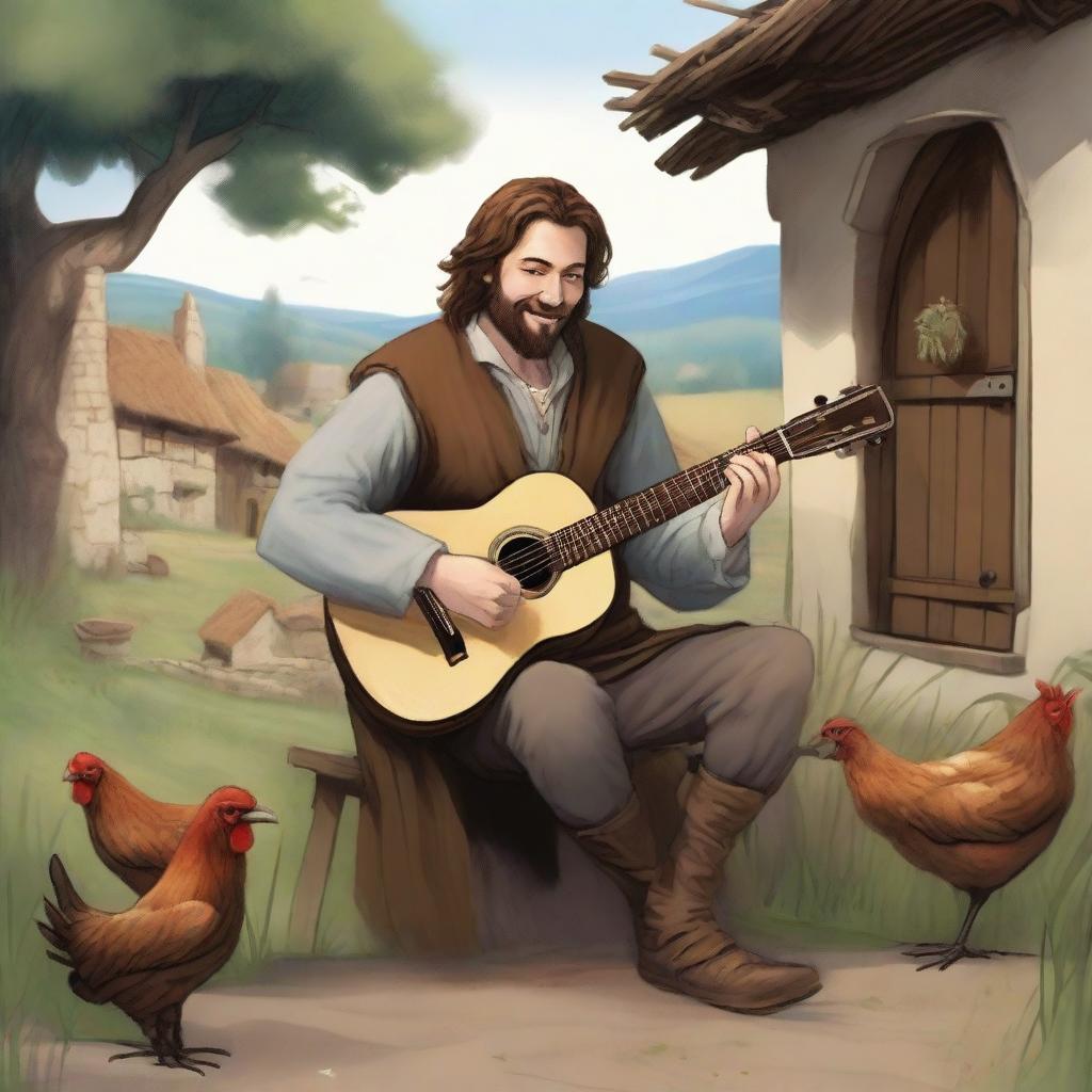 This is a high-quality illustration that captures a scruffy vagrant bard, or minstrel, in a medieval village