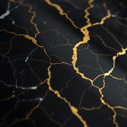 A beautifully detailed close-up of black marble featuring elegant gold patterned cracks running through it, showcasing the stunning contrast between the dark surface and the rich golden veins