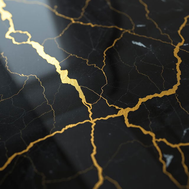 A beautifully detailed close-up of black marble featuring elegant gold patterned cracks running through it, showcasing the stunning contrast between the dark surface and the rich golden veins