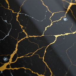 A beautifully detailed close-up of black marble featuring elegant gold patterned cracks running through it, showcasing the stunning contrast between the dark surface and the rich golden veins