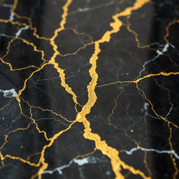 A beautifully detailed close-up of black marble featuring elegant gold patterned cracks running through it, showcasing the stunning contrast between the dark surface and the rich golden veins