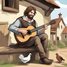 This is a high-quality illustration that captures a scruffy vagrant bard, or minstrel, in a medieval village