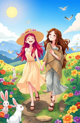 A whimsical illustration of two young adult women, Miranda and Aurora, embarking on a joyful journey through a vibrant fantasy landscape