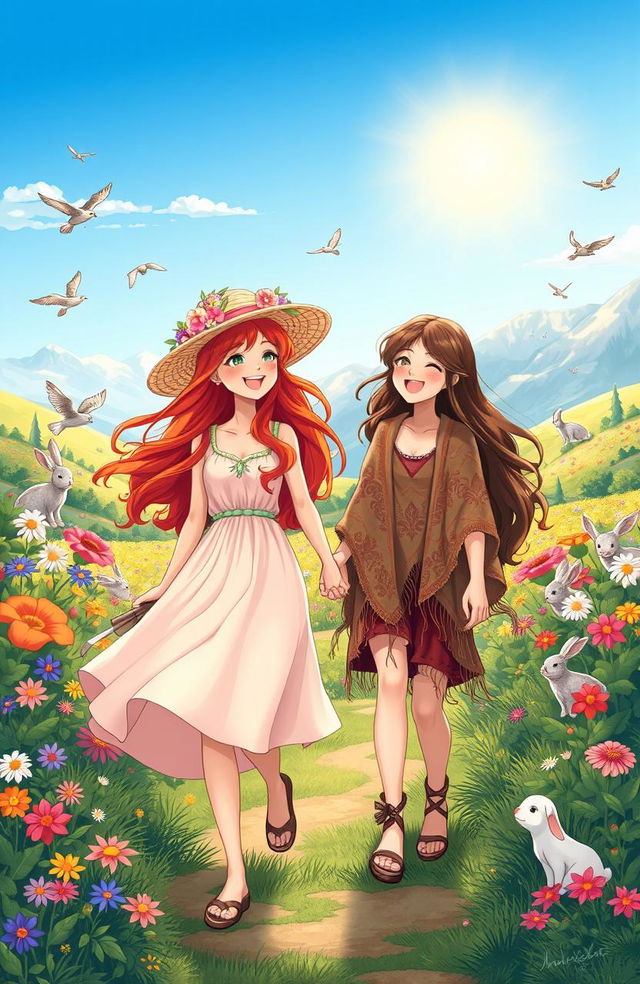 A whimsical illustration of two young adult women, Miranda and Aurora, embarking on a joyful journey through a vibrant fantasy landscape