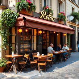 A charming French cafe named 'Retro', featuring a quaint outdoor seating area with vintage-style wooden tables and chairs
