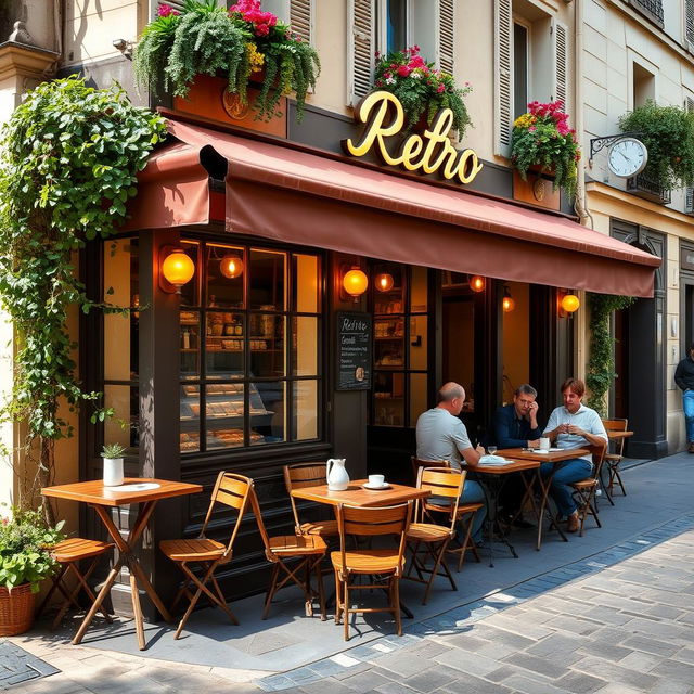 A charming French cafe named 'Retro', featuring a quaint outdoor seating area with vintage-style wooden tables and chairs