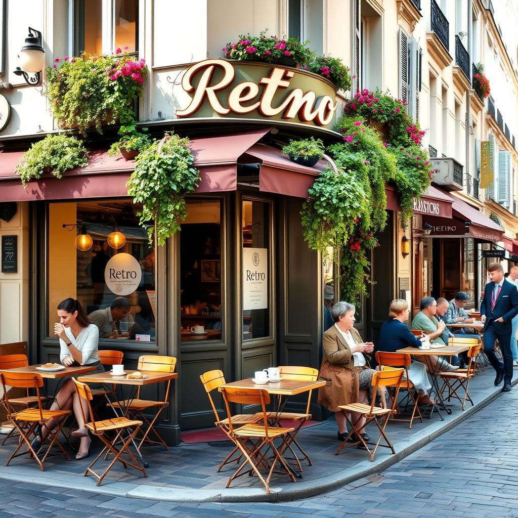 A charming French cafe named 'Retro', featuring a quaint outdoor seating area with vintage-style wooden tables and chairs