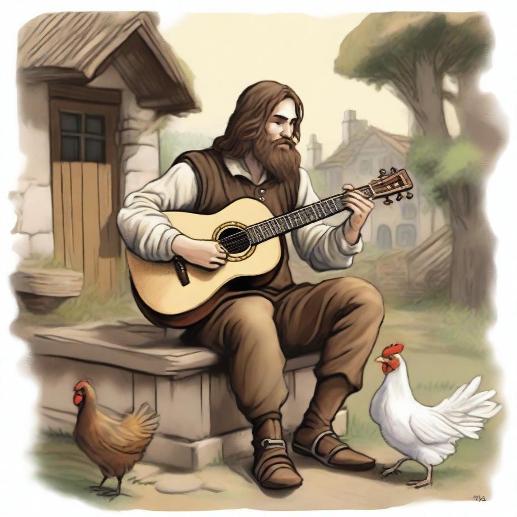 This is a high-quality illustration that captures a scruffy vagrant bard, or minstrel, in a medieval village