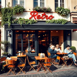 A charming French cafe named 'Retro', featuring a quaint outdoor seating area with vintage-style wooden tables and chairs