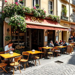 A charming French cafe named 'Retro', featuring a quaint outdoor seating area with vintage-style wooden tables and chairs