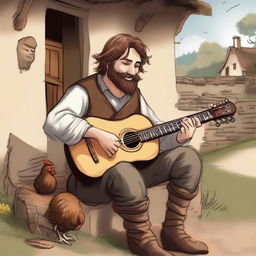 This is a high-quality illustration that captures a scruffy vagrant bard, or minstrel, in a medieval village