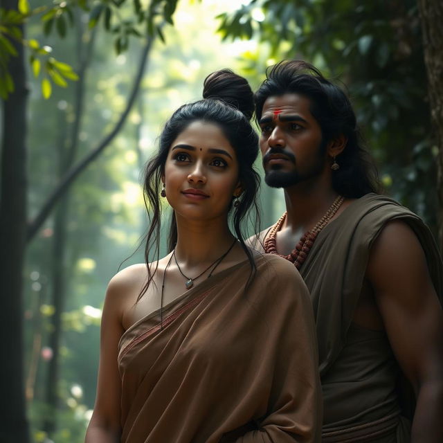 A woman wearing a simple, old earth-toned sari with long dark hair tied up in a knot