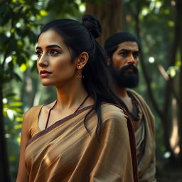 A woman wearing a simple, old earth-toned sari with long dark hair tied up in a knot