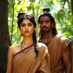A woman wearing a simple, old earth-toned sari with long dark hair tied up in a knot