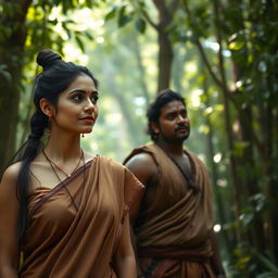 A woman wearing a simple, old earth-toned sari with long dark hair tied up in a knot