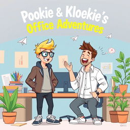 A charming illustration capturing the camaraderie between two work colleagues, Pookie and Kloekie, as they embark on amusing office adventures