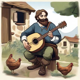 A detailed, high-quality illustration presents a dirty vagrant bard or minstrel in a medieval village