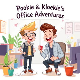 A charming illustration capturing the camaraderie between two work colleagues, Pookie and Kloekie, as they embark on amusing office adventures