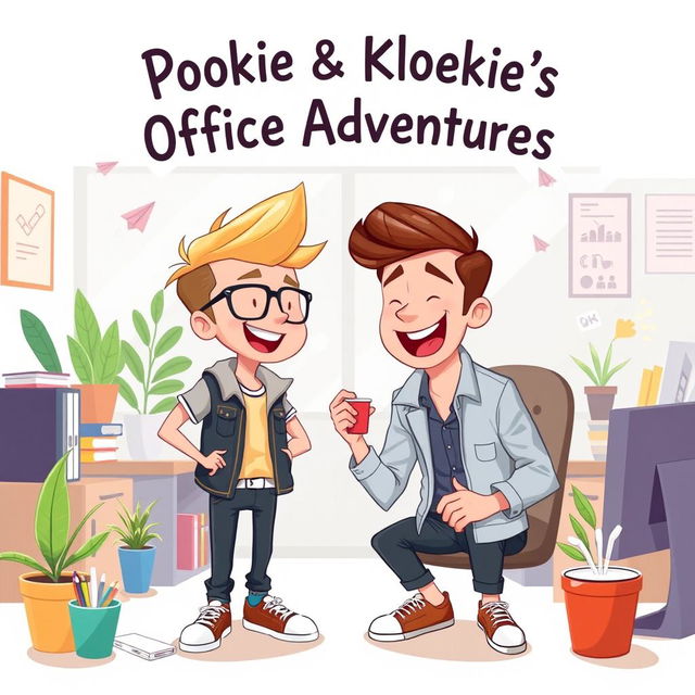 A charming illustration capturing the camaraderie between two work colleagues, Pookie and Kloekie, as they embark on amusing office adventures