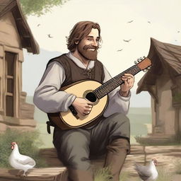 A detailed, high-quality illustration presents a dirty vagrant bard or minstrel in a medieval village