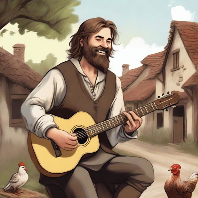 A detailed, high-quality illustration presents a dirty vagrant bard or minstrel in a medieval village